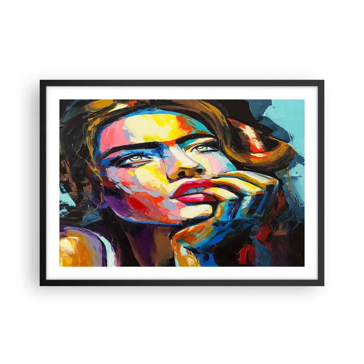 Plakat w czarnej ramie - Kolorowy portret kobiety w stylu ekspresjonistycznym - 70x50cm - Marzenia jak ptaki szybują po niebie - Nowoczesna dekoracja ścienna do salonu i sypialni ARTTOR