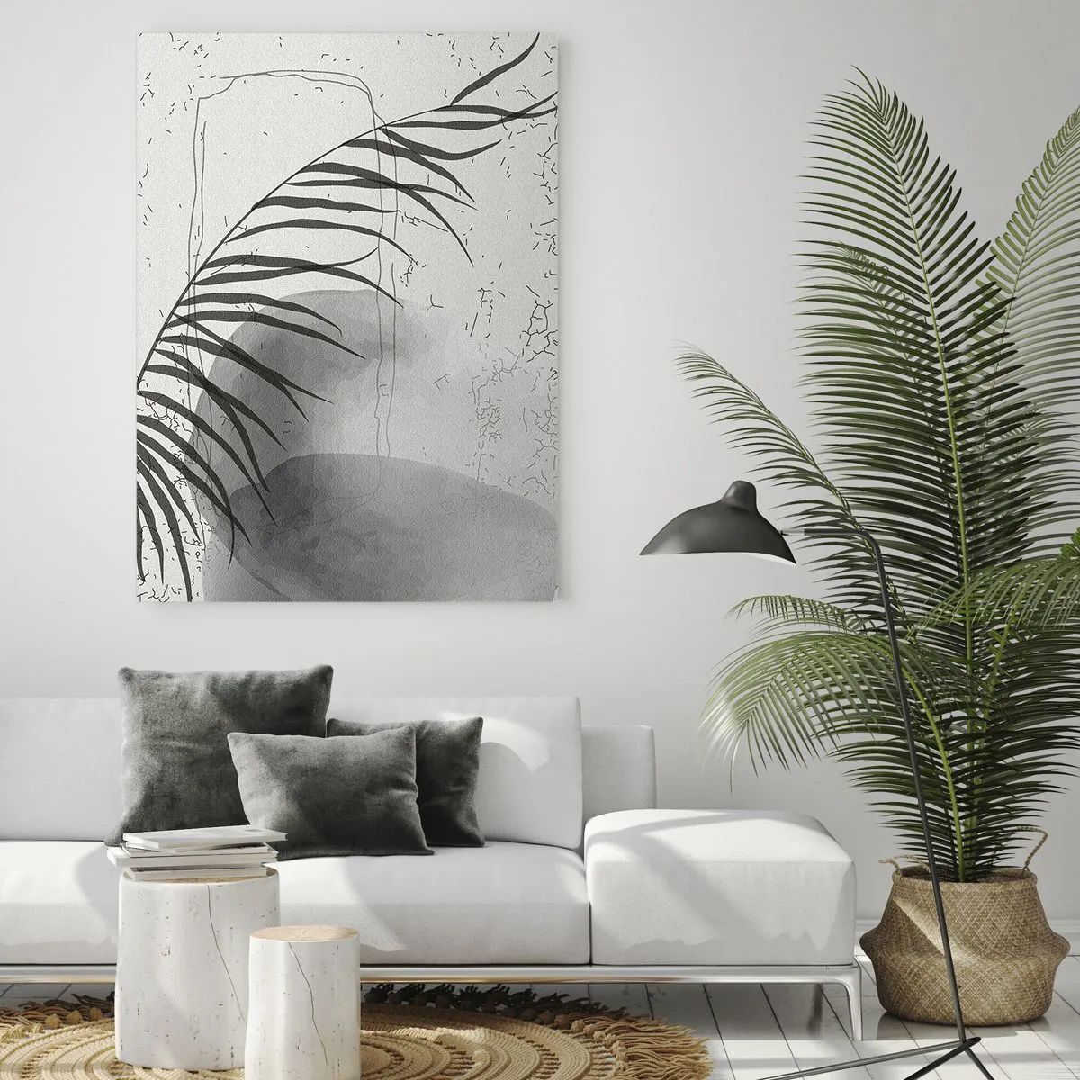Obraz na szkle - Czarno-biała grafika z cieniem liścia palmowego - 50x70cm - Subtelna egzotyka natury - Nowoczesna dekoracja ścienna do salonu, kuchni i sypialni ARTTOR