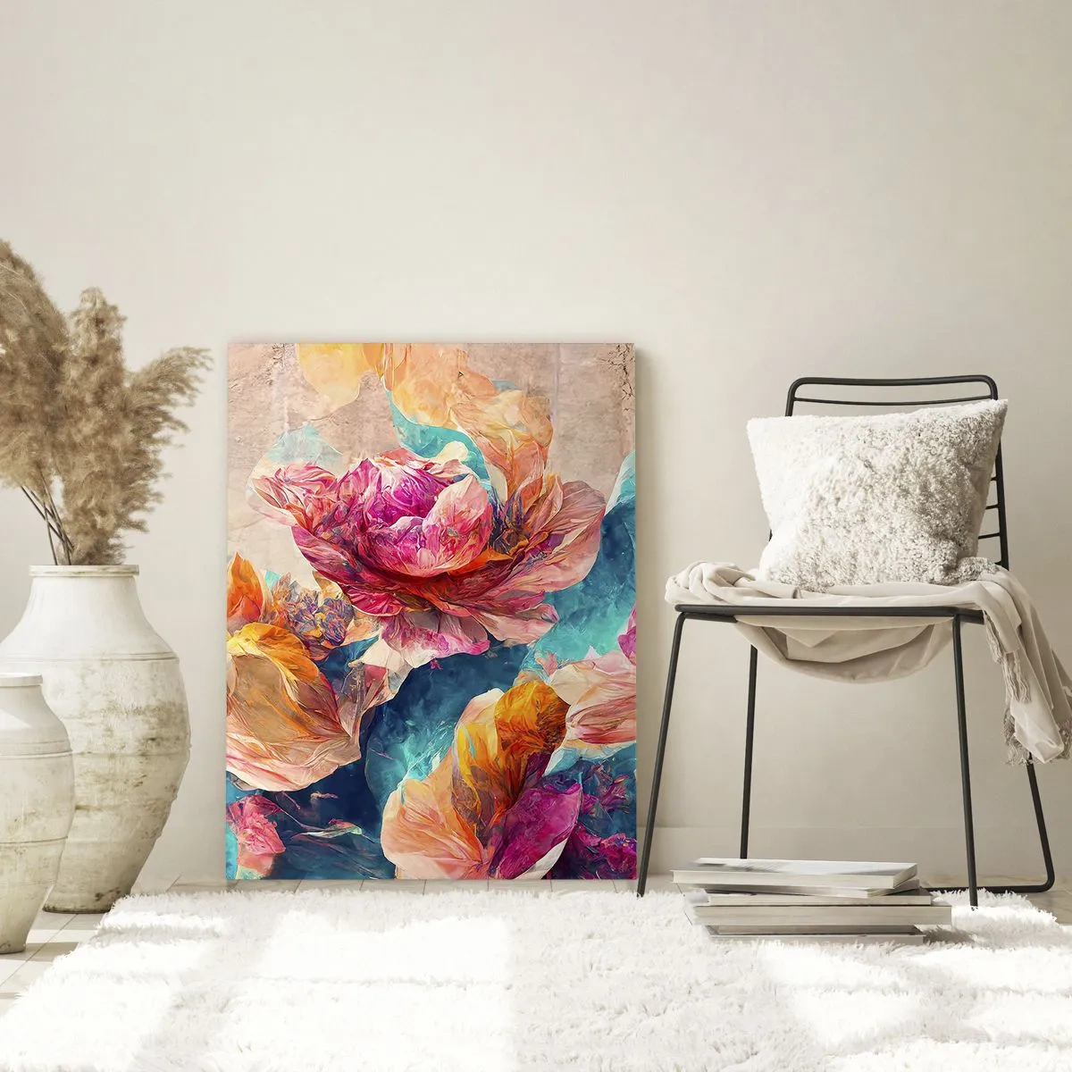 Obraz na szkle - Kolorowe kwiaty na tle akwarelowej kompozycji - 50x70cm - Barwny przepych bukietu - Nowoczesna dekoracja ścienna do salonu, kuchni i sypialni ARTTOR