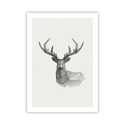 Plakat - Geometryczna sylwetka jelenia w czarno-białym stylu - 50x70cm - Jeleń w kubistycznym stylu - Nowoczesna dekoracja ścienna do salonu, kuchni i sypialni ARTTOR