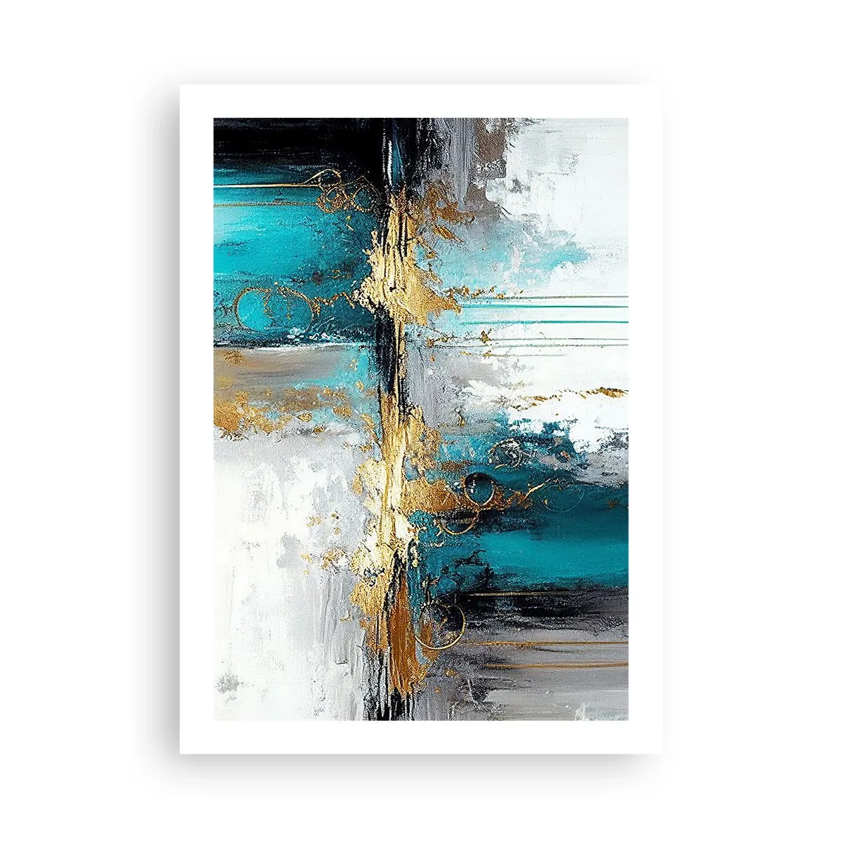 Plakat - Abstrakcyjna kompozycja w odcieniach turkusu i złota - 50x70cm - Wszystko płynie - Nowoczesna dekoracja ścienna do salonu, kuchni i sypialni ARTTOR