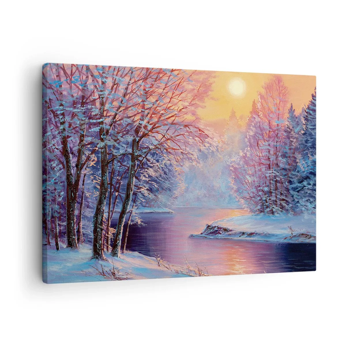 Obraz na płótnie - Zimowy krajobraz z rzeką i drzewami o wschodzie słońca - 70x50cm - Barwy zimy - Nowoczesna dekoracja ścienna do salonu i sypialni ARTTOR