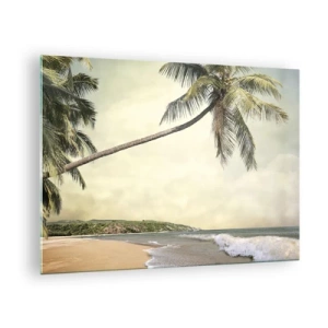 Obraz na szkle - Tropikalna plaża z palmą i falami - 70x50cm - Tropikalne marzenie - Nowoczesna dekoracja ścienna do salonu i sypialni ARTTOR