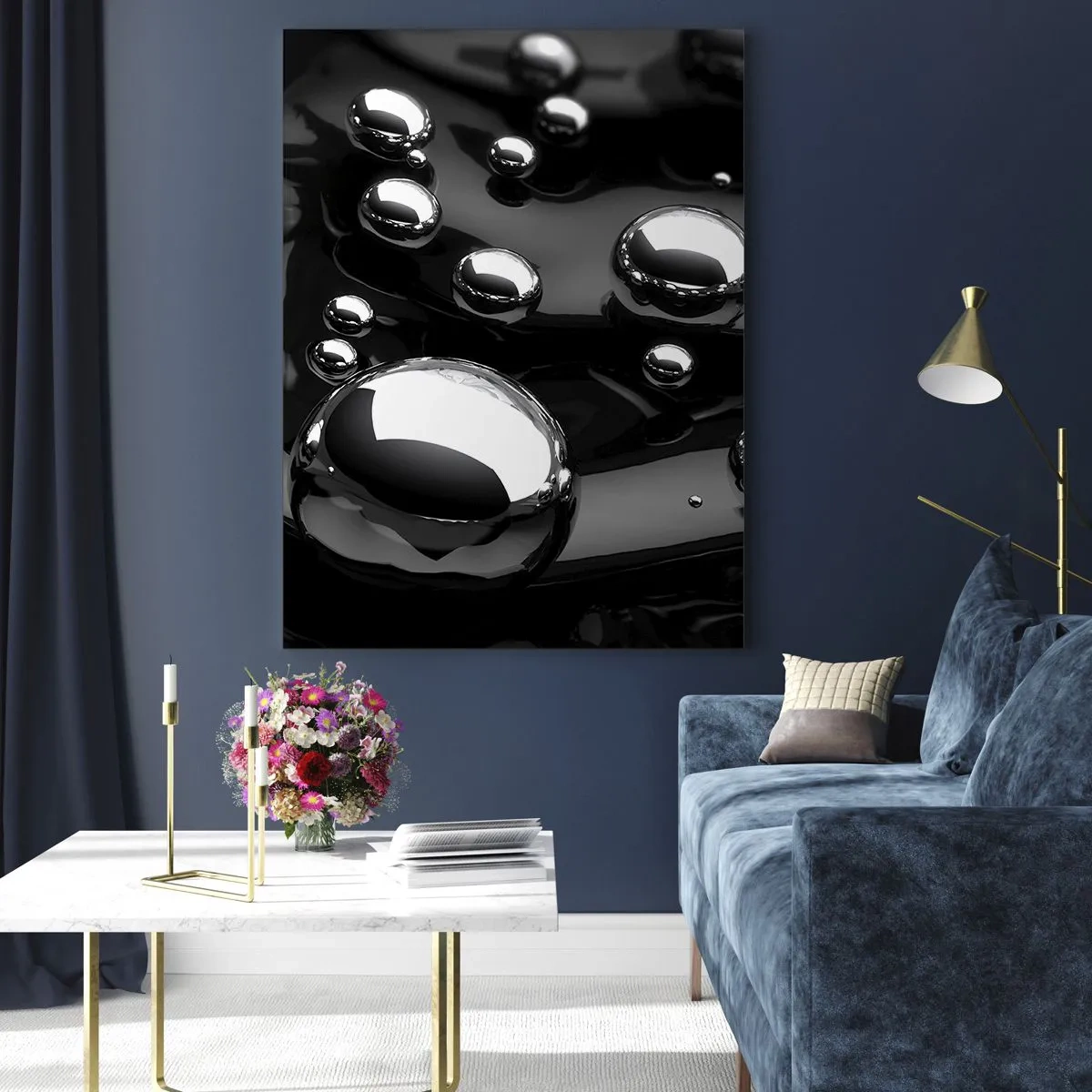 Obraz na szkle - Metaliczne krople na czarnej powierzchni - 50x70cm - Z czarnej toni - Nowoczesna dekoracja ścienna do salonu, kuchni i sypialni ARTTOR
