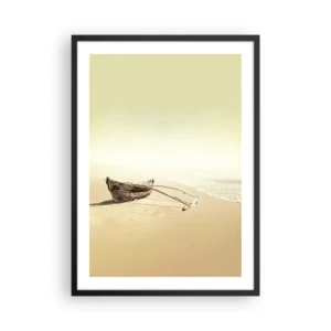 Plakat w czarnej ramie - Samotna drewniana łódź na pustej plaży w pastelowych barwach - 50x70cm - Wspomnienie mórz południowych - Nowoczesna dekoracja ścienna do salonu i sypialni ARTTOR