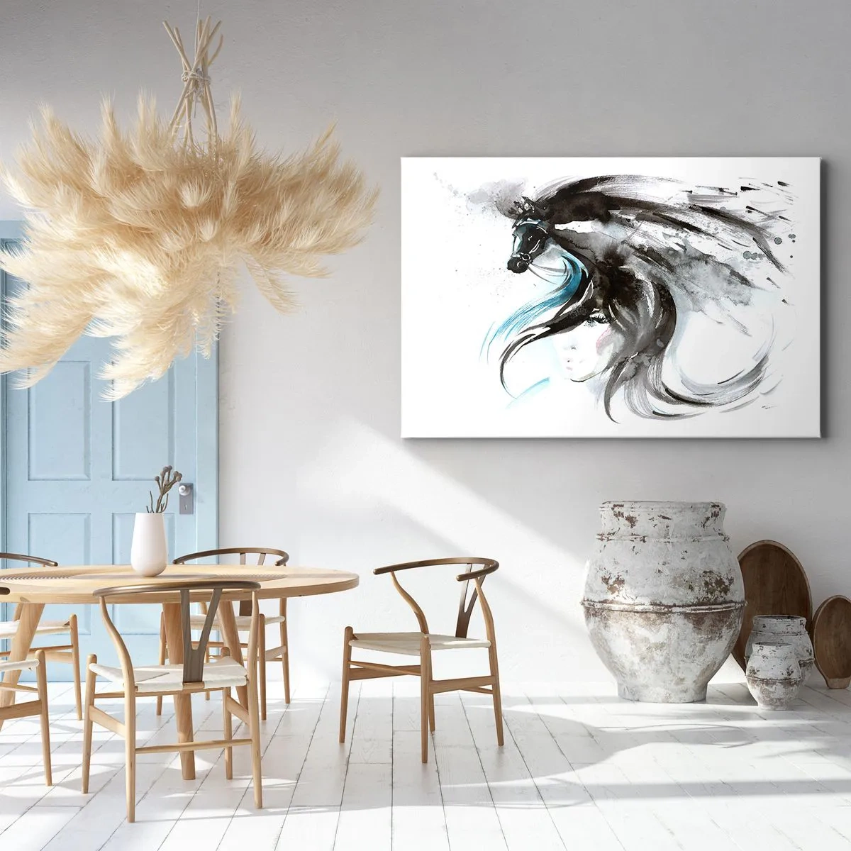 Obraz na płótnie - Kobieta i koń w mistycznej akwareli pełnej dynamiki - 70x50cm - Galop Czarnego Księcia - Nowoczesna dekoracja ścienna do salonu i sypialni ARTTOR