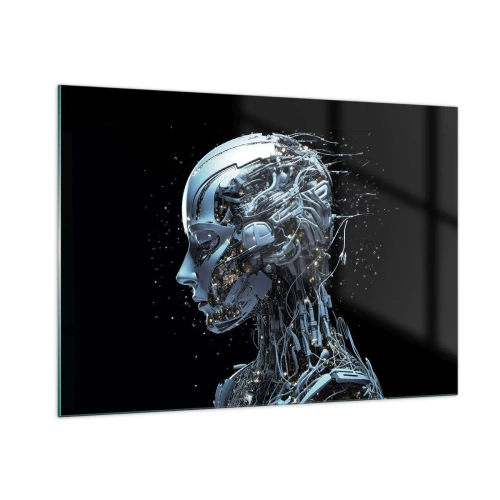 Obraz na szkle - Profil kobiecego robota z przewodami i mechanizmami - 100x70cm - Technologia jest kobietą - Nowoczesna dekoracja ścienna do salonu, kuchni i sypialni ARTTOR