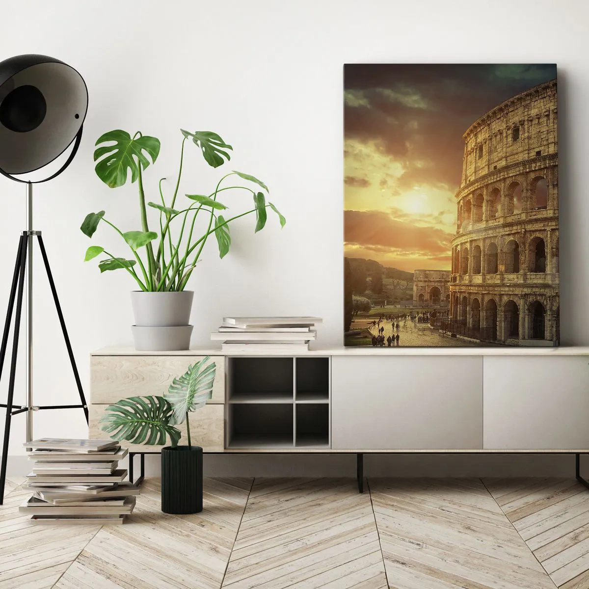 Obraz na płótnie - Widok Koloseum w Rzymie podczas zachodu słońca - 50x70cm - Kolosalne wrażenie - Nowoczesna dekoracja ścienna do salonu, kuchni i sypialni ARTTOR