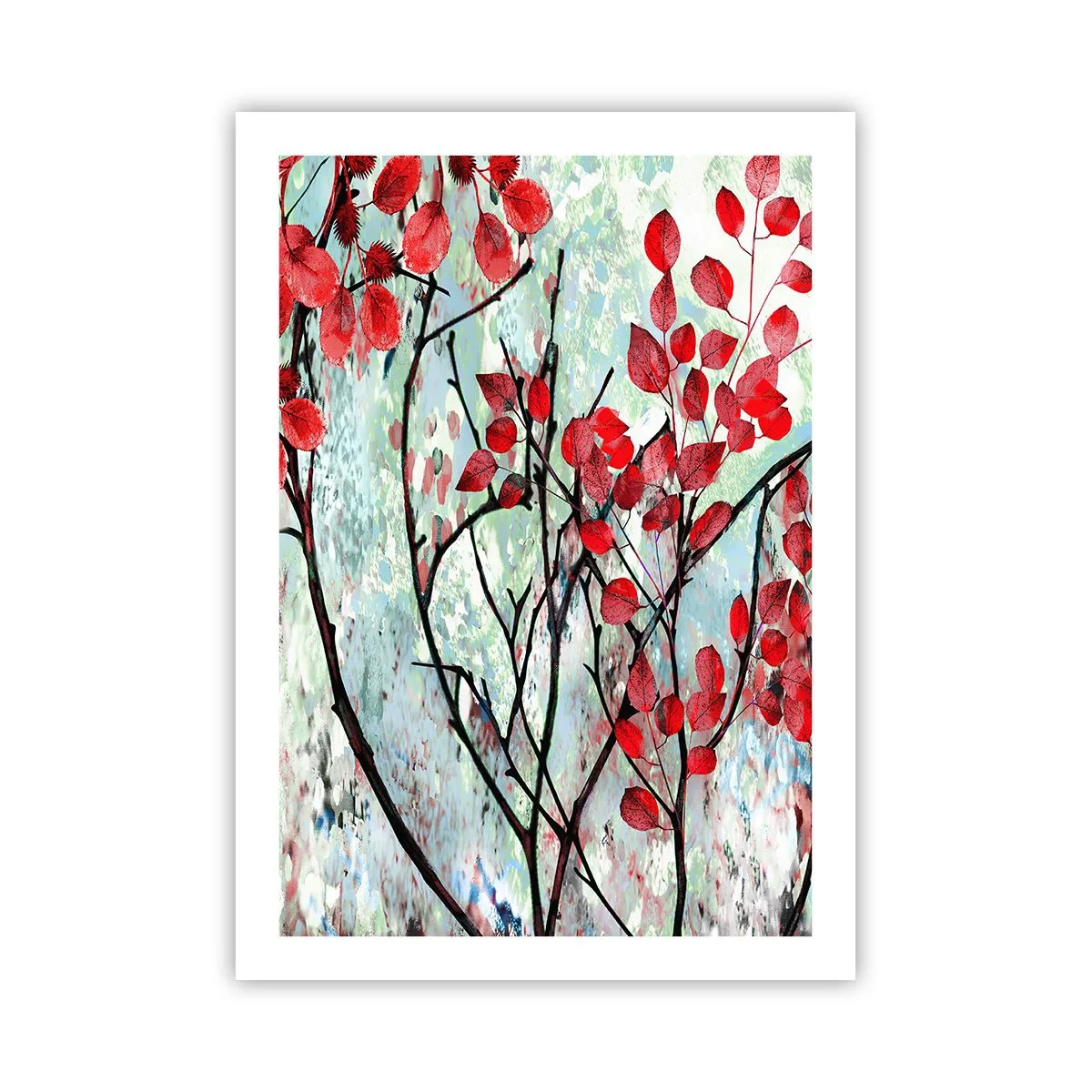 Plakat - Czerwone liście na tle abstrakcyjnej tekstury - 50x70cm - Drzewo w szkarłacie - Nowoczesna dekoracja ścienna do salonu, kuchni i sypialni ARTTOR