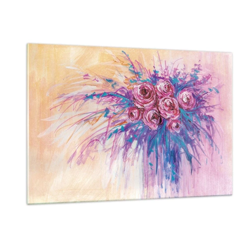 Obraz na szkle - Bukiet róż w odcieniach różu i fioletu na tle w pastelowych kolorach - 120x80cm - Różana fontanna - Nowoczesna dekoracja ścienna do salonu, kuchni i sypialni ARTTOR