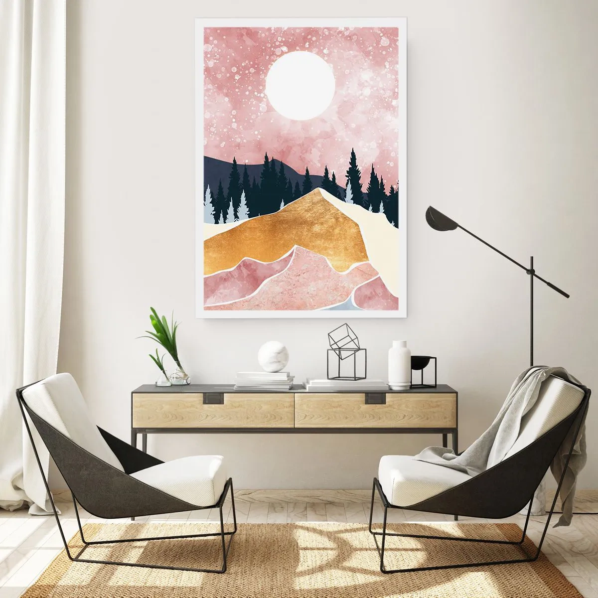 Plakat - Abstrakcyjny pejzaż z lasem, górami i złotym akcentem - 50x70cm - Nocna straż - Nowoczesna dekoracja ścienna do salonu, kuchni i sypialni ARTTOR