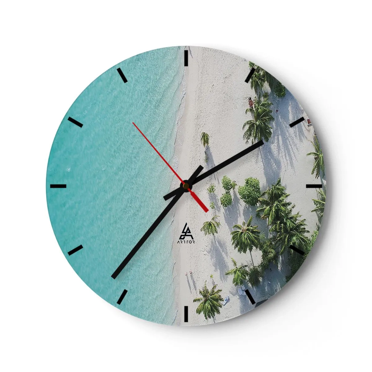 Zegar ścienny - Widok z góry na plażę z turkusową wodą i palmami - 30x30cm - Wakacje w raju - Nowoczesna dekoracja ścienna do salonu, kuchni i sypialni ARTTOR