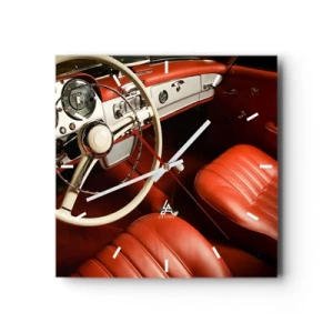 Zegar ścienny - Wnętrze klasycznego samochodu z czerwonymi skórzanymi siedzeniami - 30x30cm - Luksus w stylu vintage - Nowoczesna dekoracja ścienna do salonu i sypialni ARTTOR
