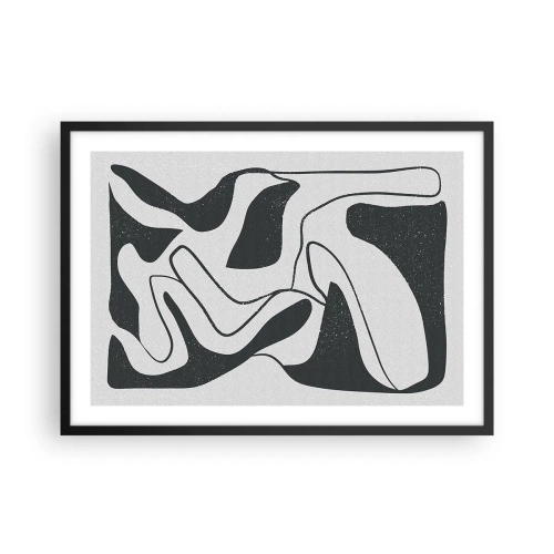 Plakat w czarnej ramie - Czarno-biała abstrakcja z organicznymi kształtami - 70x50cm - Abstrakcyjna zabawa w labiryncie - Nowoczesna dekoracja ścienna do salonu i sypialni ARTTOR