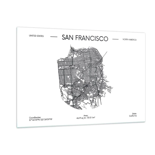 Obraz na szkle - Mapa ulic San Francisco w stylu minimalistycznym - 120x80cm - Anatomia San Francisco - Nowoczesna dekoracja ścienna do salonu, kuchni i sypialni ARTTOR