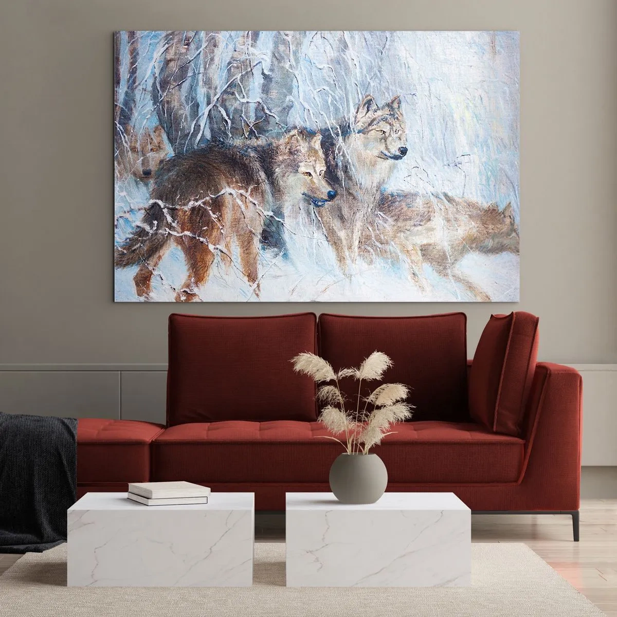 Obraz na szkle - Trzy wilki w zimowym lesie otoczone śniegiem - 70x50cm - Uwaga! Nadchodzi… - Nowoczesna dekoracja ścienna do salonu i sypialni ARTTOR