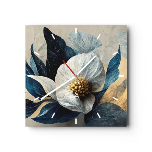 Zegar ścienny - Kwiat z błękitnymi liśćmi na eleganckim tle - 30x30cm - Ma złote serce - Nowoczesna dekoracja ścienna do salonu i sypialni ARTTOR