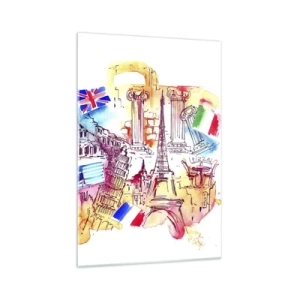 Obraz na szkle - Akwarela europejskich symboli z flagami krajów - 70x100cm - Europejskie tourne - Nowoczesna dekoracja ścienna do salonu i sypialni ARTTOR