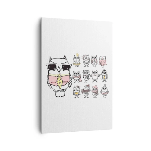 Obraz na płótnie - Sowy w różnych stylach i ubraniach - 70x100cm - Tyle ról do zagrania - Nowoczesna dekoracja ścienna do salonu i sypialni ARTTOR