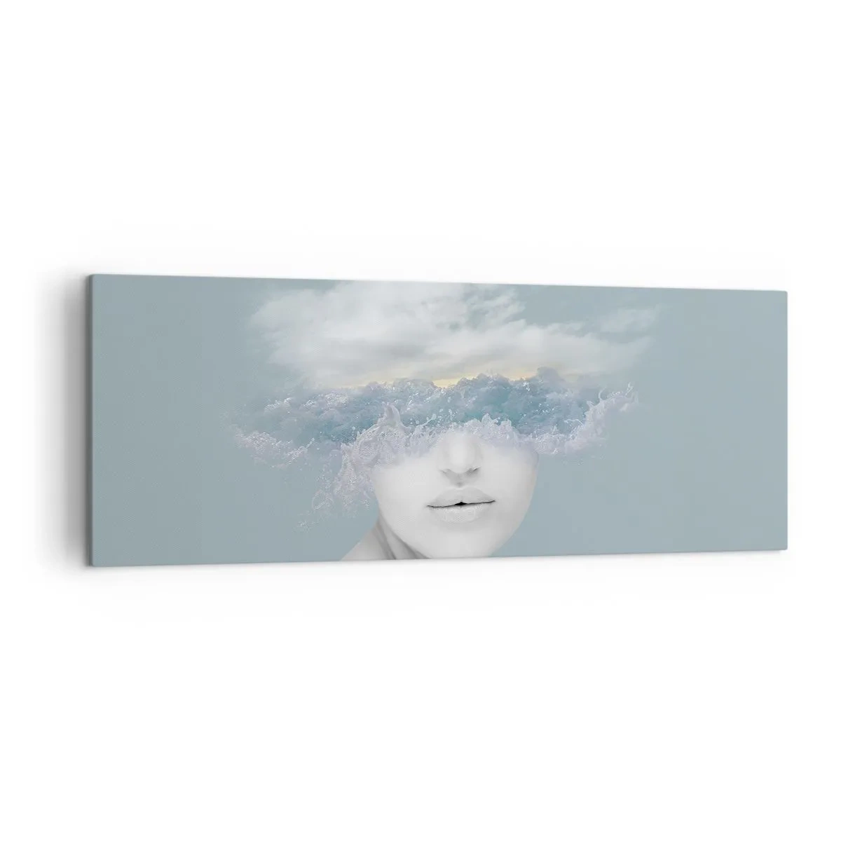 Obraz na płótnie - Portret kobiety z twarzą ukrytą za chmurami i falami - 140x50cm - Z głową w chmurach - Nowoczesna dekoracja ścienna do salonu i sypialni ARTTOR