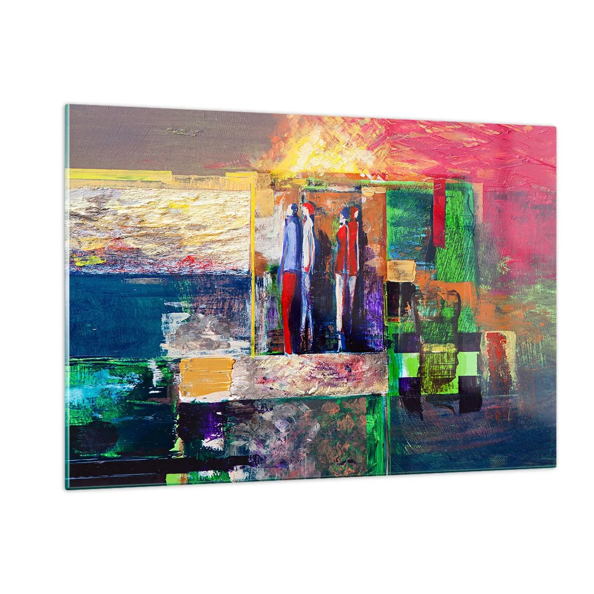 Obraz na szkle - Abstrakcyjna kompozycja z postaciami i intensywnymi kolorami - 120x80cm - Relacje i emocje - Nowoczesna dekoracja ścienna do salonu, kuchni i sypialni ARTTOR