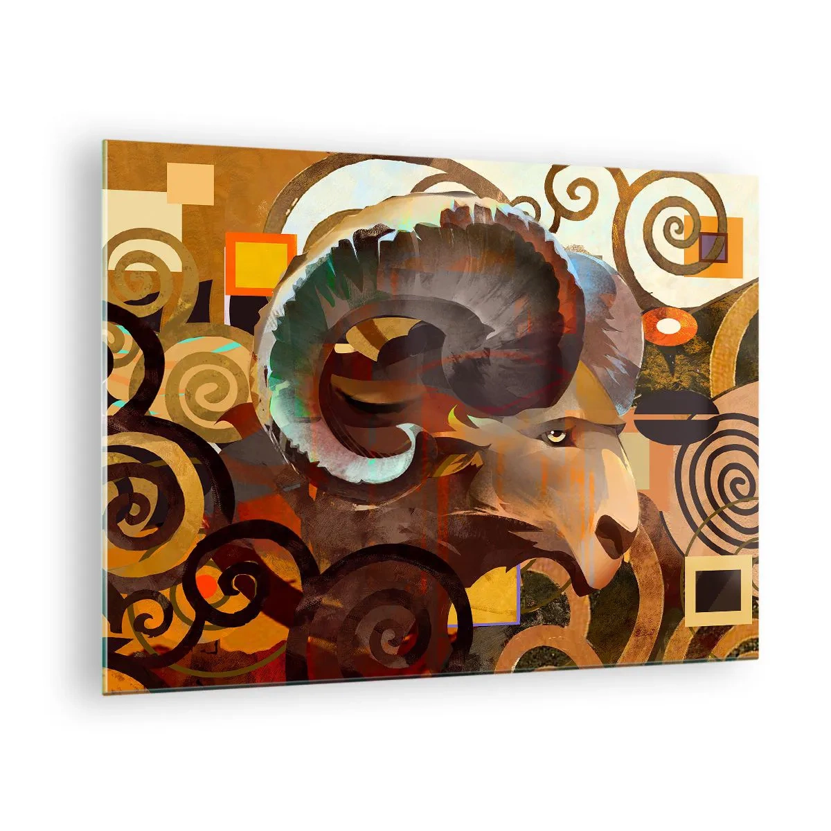 Obraz na szkle - Artystyczny wizerunek barana w geometrycznej i spiralnej kompozycji - 70x50cm - Magie - religie - rytuały - Nowoczesna dekoracja ścienna do salonu i sypialni ARTTOR