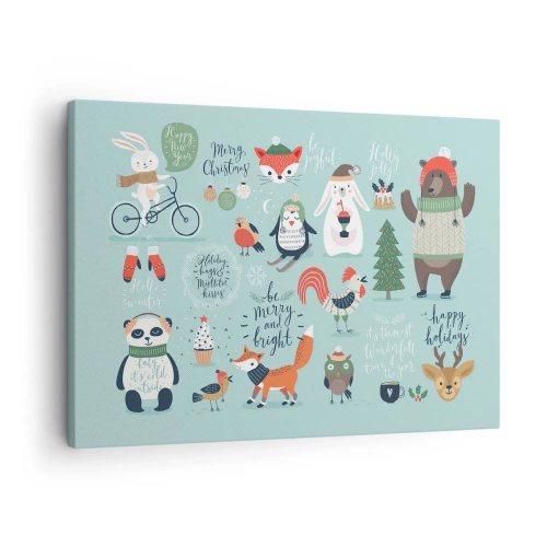 Obraz na płótnie - Świąteczna ilustracja zwierząt w zimowym klimacie - 70x50cm - Niech zawsze już będą święta! - Nowoczesna dekoracja ścienna do salonu i sypialni ARTTOR