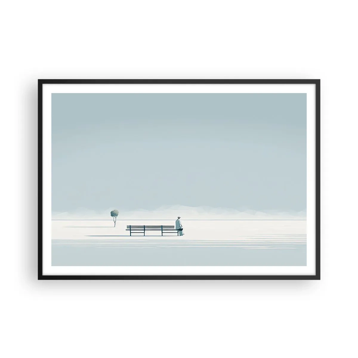 Plakat w czarnej ramie - Osoba siedząca na ławce w minimalistycznym krajobrazie - 100x70cm - Tak, czekam. - Nowoczesna dekoracja ścienna do salonu i sypialni ARTTOR