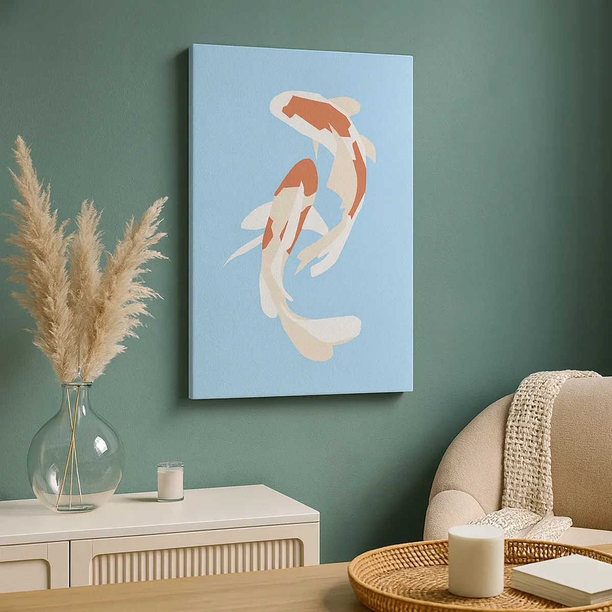 Obraz na płótnie - Minimalistyczna ilustracja dwóch ryb koi na błękitnym tle - 50x70cm - Pływanie synchroniczne spontaniczne - Nowoczesna dekoracja ścienna do salonu, kuchni i sypialni ARTTOR