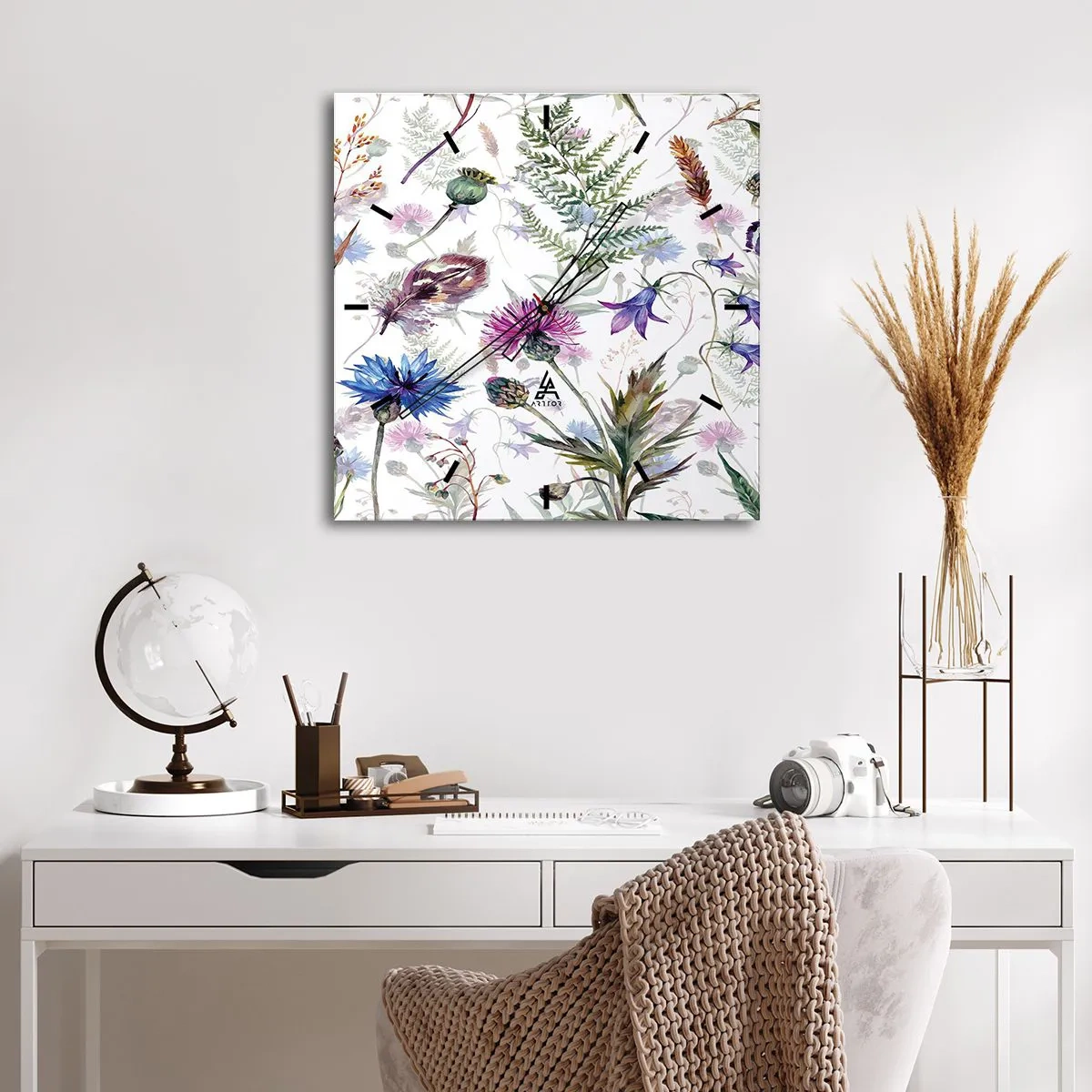 Zegar ścienny - Akwarelowe kwiaty i zioła na białym tle w stylu zielnika - 30x30cm - Polski zielnik - Nowoczesna dekoracja ścienna do salonu i sypialni ARTTOR