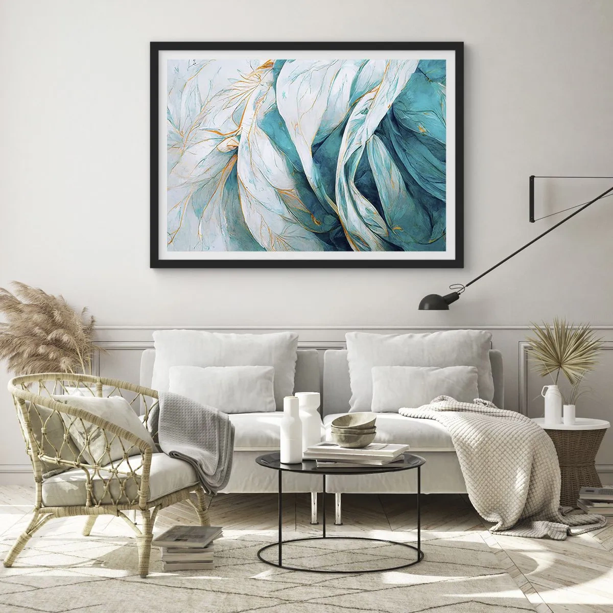 Plakat w czarnej ramie - Błękitna abstrakcja z motywem złota - 91x61 cm