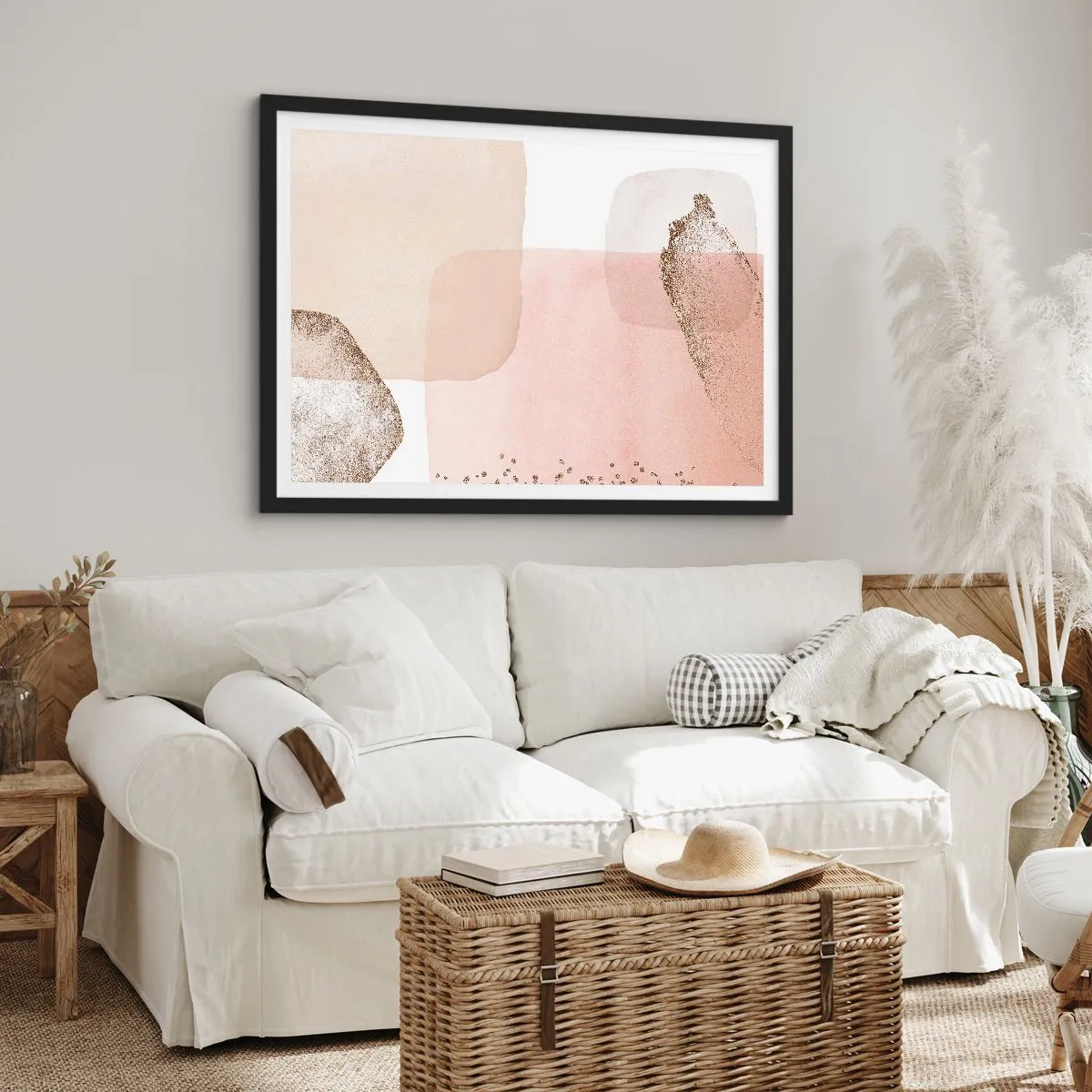 Plakat w czarnej ramie - Pastelowe plamy z elementami złota - 100x70cm - Spojrzenie przez kolor - Nowoczesna dekoracja ścienna do salonu i sypialni ARTTOR