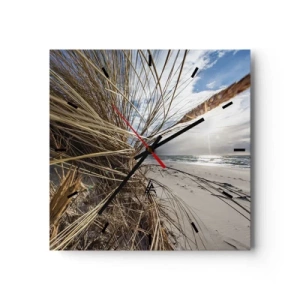 Zegar ścienny - Plaża z suchymi trawami na wydmach i widokiem na morze - 30x30cm - Spotkanie żywiołów - Nowoczesna dekoracja ścienna do salonu i sypialni ARTTOR