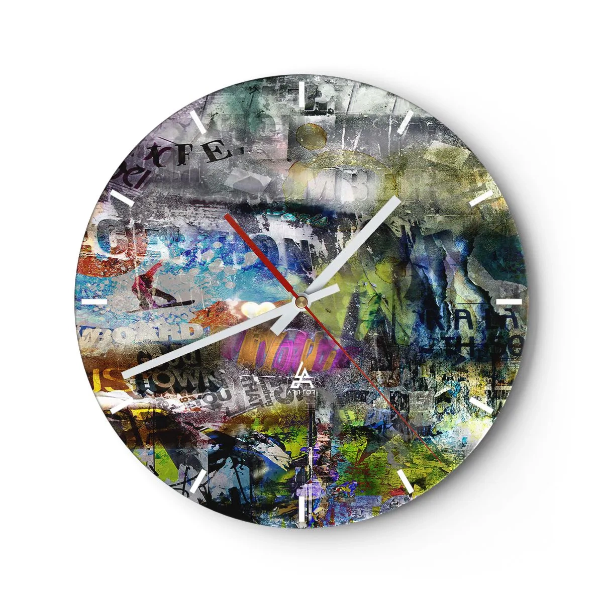 Zegar ścienny - Abstrakcyjny kolaż w różnorodnych kolorach z napisami - 30x30cm - Kolaż wspomnień - Nowoczesna dekoracja ścienna do salonu, kuchni i sypialni ARTTOR