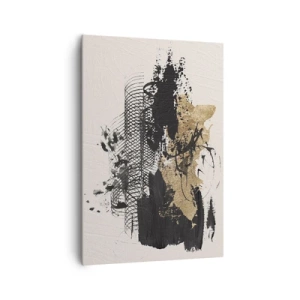 Obraz na płótnie - Abstrakcyjny obraz w czerni i złocie z dynamicznymi liniami i strukturami - 70x100cm - Kompozycja z pasją - Nowoczesna dekoracja ścienna do salonu i sypialni ARTTOR