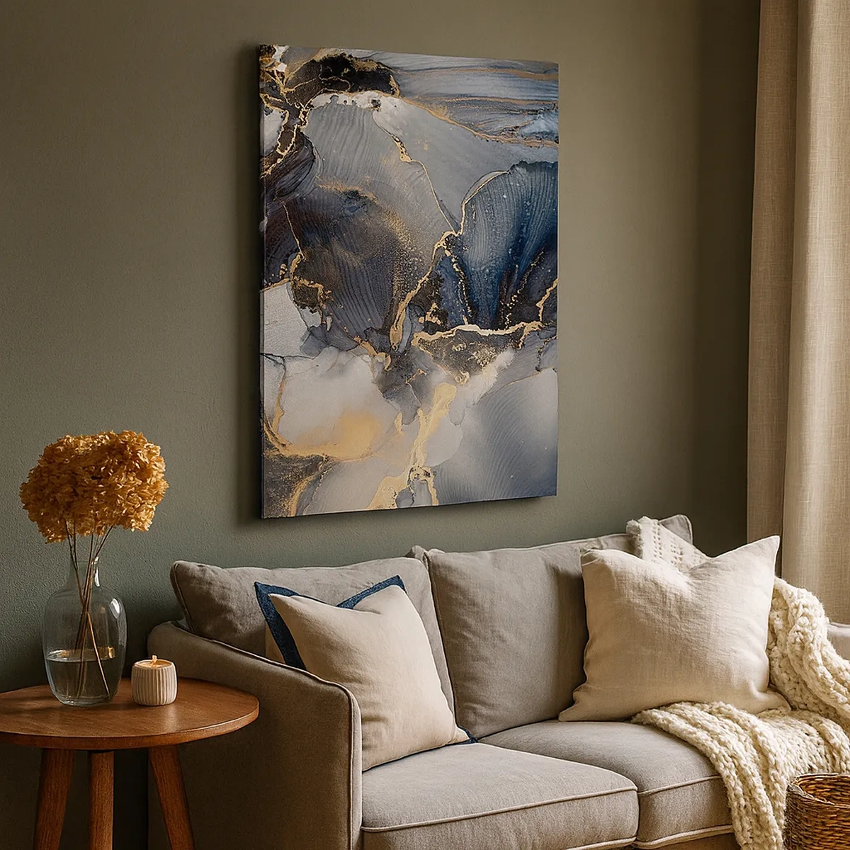 Obraz na płótnie - Abstrakcyjna kompozycja w odcieniach granatu, szarości i złota - 50x70cm - Życie kamienia - Nowoczesna dekoracja ścienna do salonu, kuchni i sypialni ARTTOR