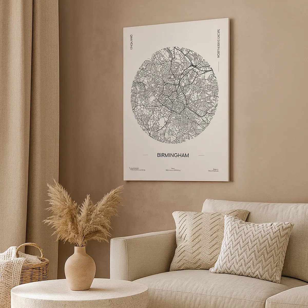 Obraz na płótnie - Minimalistyczna mapa Birmingham w czarno-białej stylistyce - 50x70cm - Anatomia Birmingham - Nowoczesna dekoracja ścienna do salonu, kuchni i sypialni ARTTOR