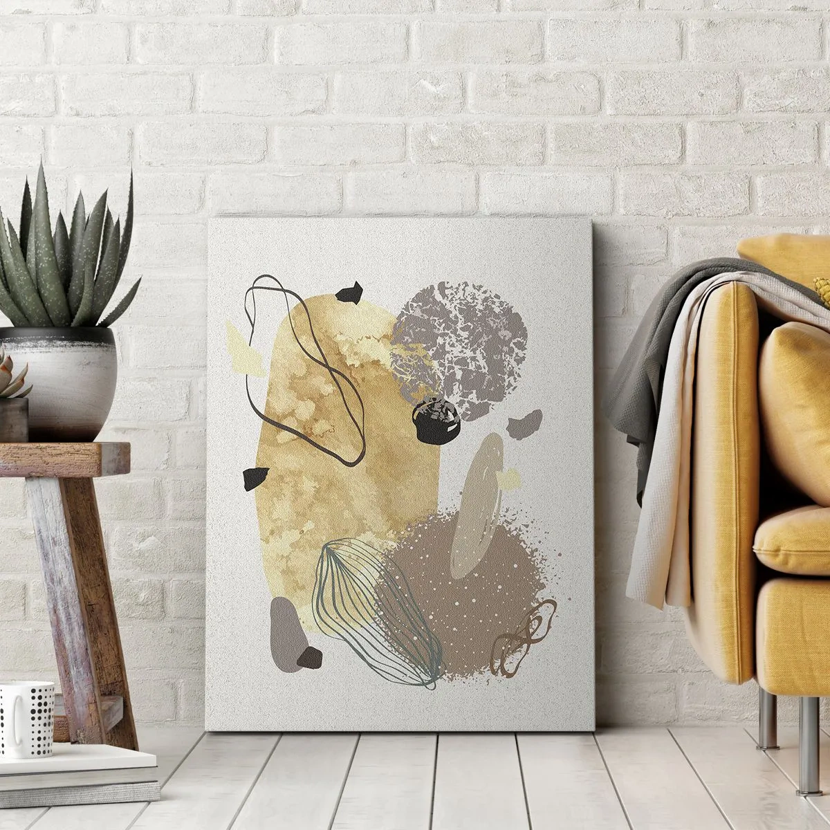Obraz na płótnie - Abstrakcyjna kompozycja w odcieniach beżu, brązu i szarości z organicznymi kształtami - 50x70cm - Plumkologia stosowana - Nowoczesna dekoracja ścienna do salonu, kuchni i sypialni ARTTOR