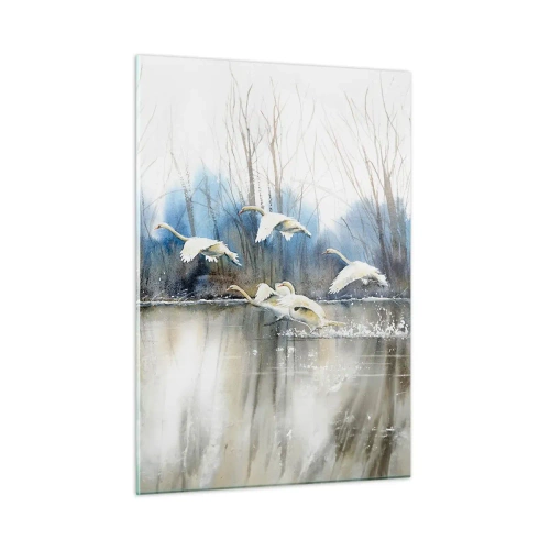 Obraz na szkle - Dziko lecące łabędzie nad spokojnym leśnym jeziorem - 50x70cm - Jak w baśni o dzikich łabędziach - Nowoczesna dekoracja ścienna do salonu, kuchni i sypialni ARTTOR