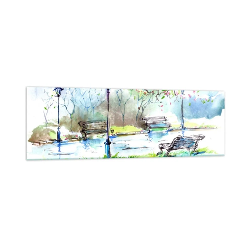 Obraz na szkle - Akwarelowa scena parku z ławkami i lampami - 160x50cm - Czar parkowej ciszy - Nowoczesna dekoracja ścienna do salonu i sypialni ARTTOR