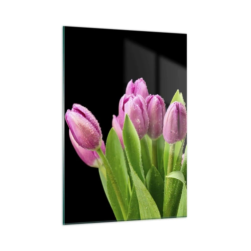 Obraz na szkle - Bukiet różowych tulipanów pokrytych kroplami wody na czarnym tle - 50x70cm - Liliowa radość wiosny - Nowoczesna dekoracja ścienna do salonu, kuchni i sypialni ARTTOR