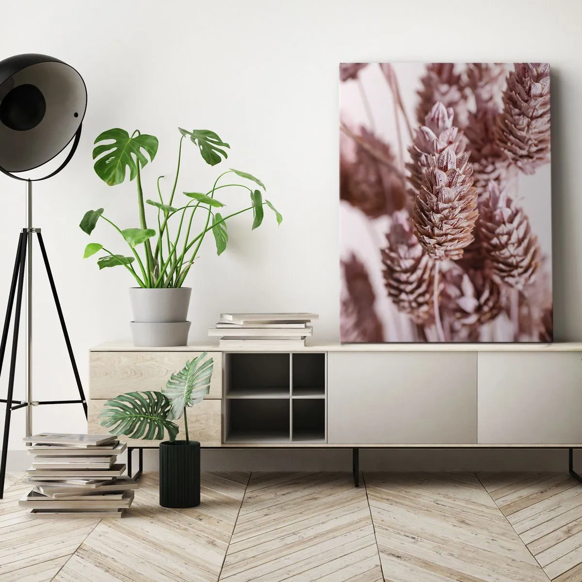 Obraz na płótnie - Zbliżenie na różowe kłosy pszenicy na jasnym tle - 50x70cm - Z pozoru niepozorne - Nowoczesna dekoracja ścienna do salonu, kuchni i sypialni ARTTOR