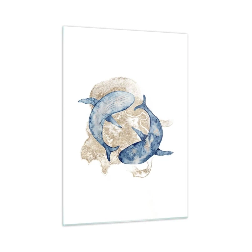 Obraz na szkle - Dwa błękitne wieloryby na tle złotych abstrakcyjnych plam - 50x70cm - Przyjaźń czy kochanie? - Nowoczesna dekoracja ścienna do salonu, kuchni i sypialni ARTTOR