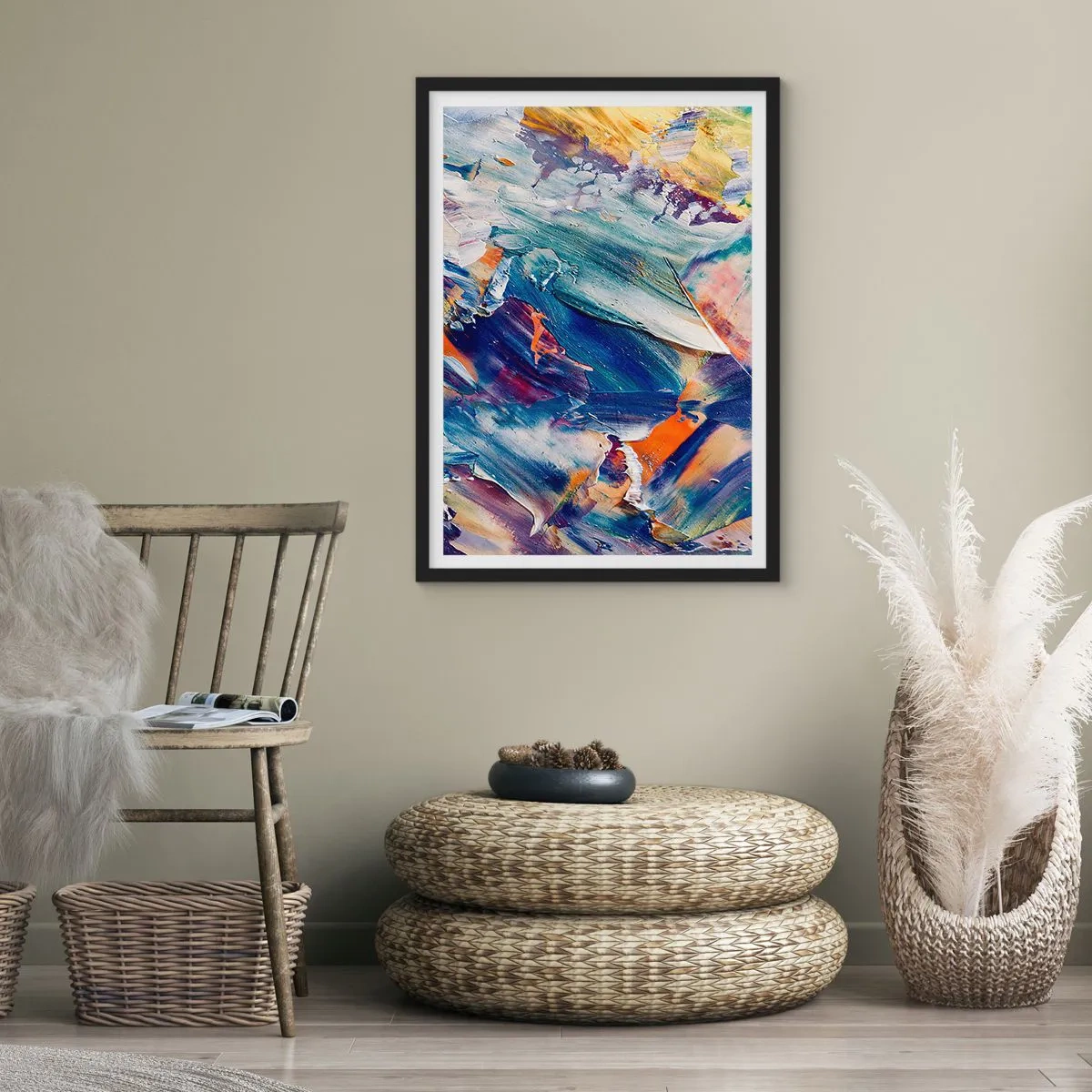 Plakat w czarnej ramie - Abstrakcyjna kompozycja z kolorowymi pociągnięciami farby - 50x70cm - Zamęt koloru - Nowoczesna dekoracja ścienna do salonu i sypialni ARTTOR