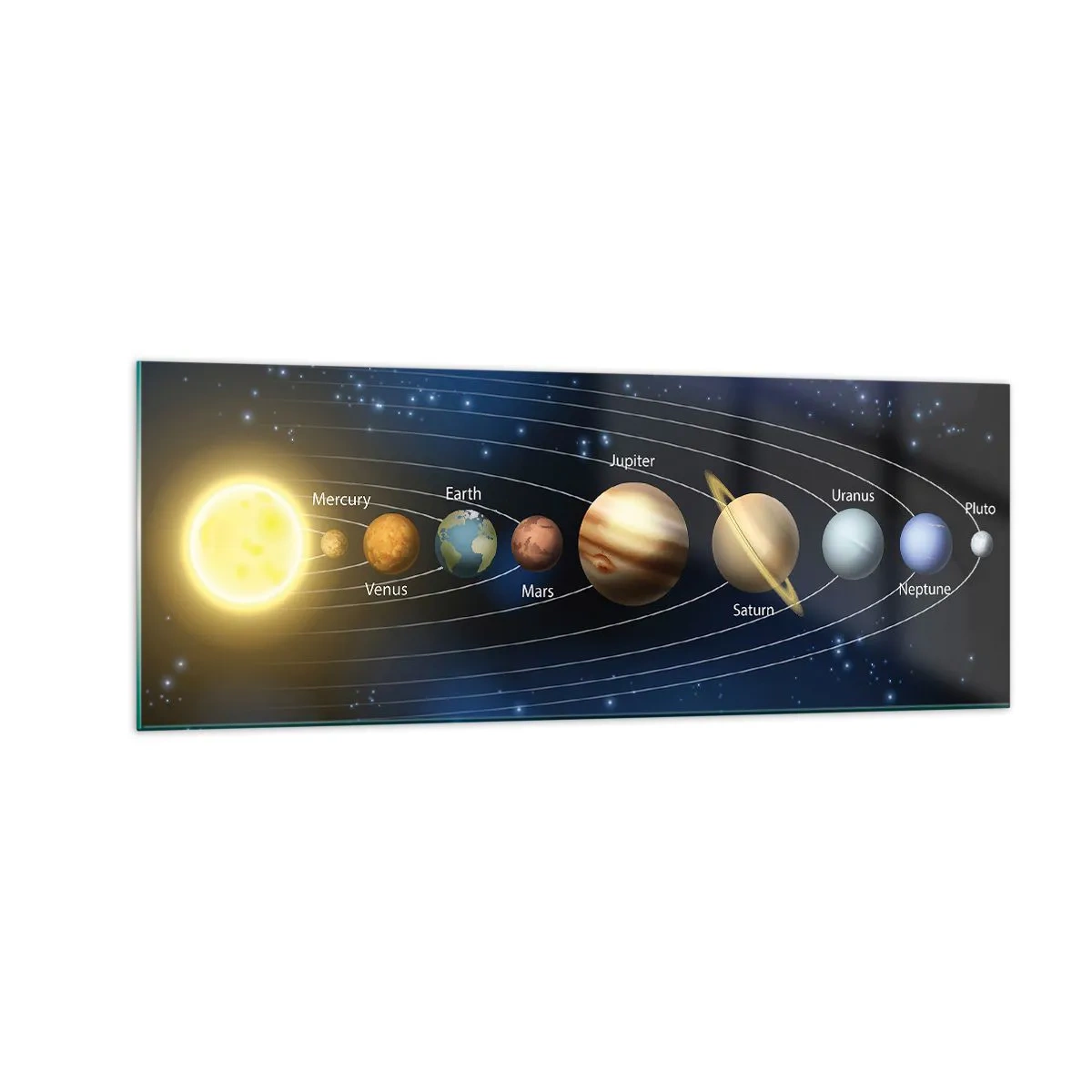 Obraz na szkle - Schemat układu słonecznego z planetami i słońcem - 140x50cm - Jedna z dziesięciu - Nowoczesna dekoracja ścienna do salonu i sypialni ARTTOR