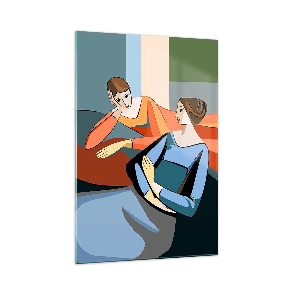 Obraz na szkle - Abstrakcyjna ilustracja dwóch kobiet w stylu kubistycznym - 70x100cm - Chwila zwierzeń - Nowoczesna dekoracja ścienna do salonu i sypialni ARTTOR