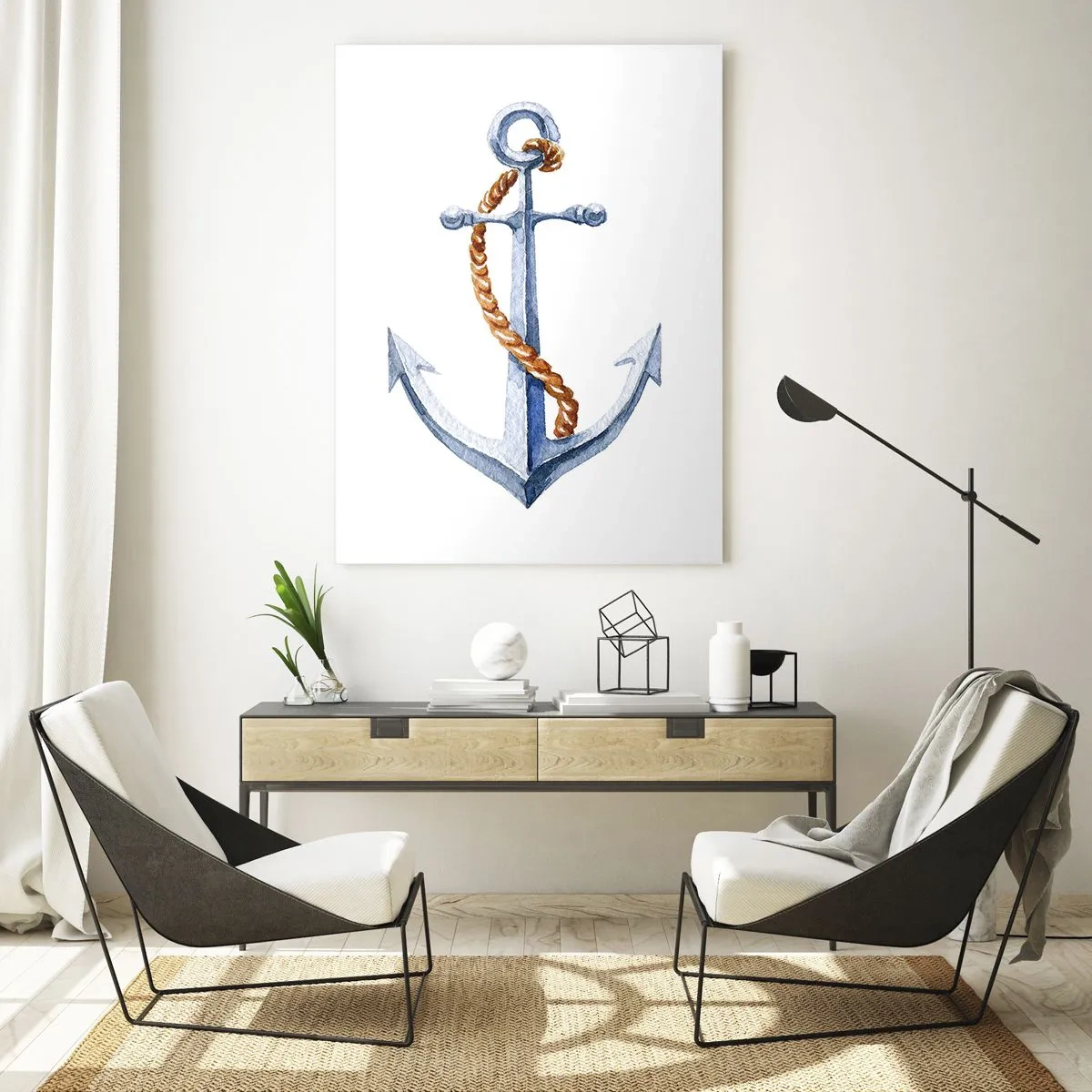 Obraz na szkle - Kotwica z liną w stylu marynistycznym - 50x70cm - Ahoj przygodo! - Nowoczesna dekoracja ścienna do salonu, kuchni i sypialni ARTTOR