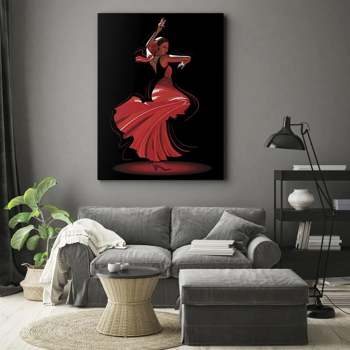 Obraz na płótnie - Tancerka flamenco w czerwonej sukni na czarnym tle - 80x120cm - Ognisty duch flamenco - Nowoczesna dekoracja ścienna do salonu i sypialni ARTTOR
