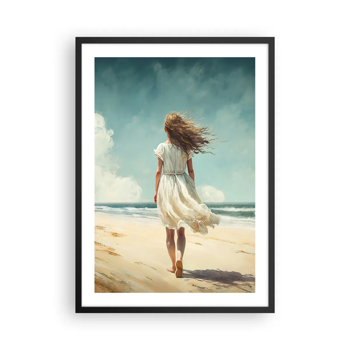Plakat w czarnej ramie - Kobieta w białej sukience spacerująca po plaży przy morzu - 50x70cm - Na spotkanie słońca i wiatru - Nowoczesna dekoracja ścienna do salonu i sypialni ARTTOR