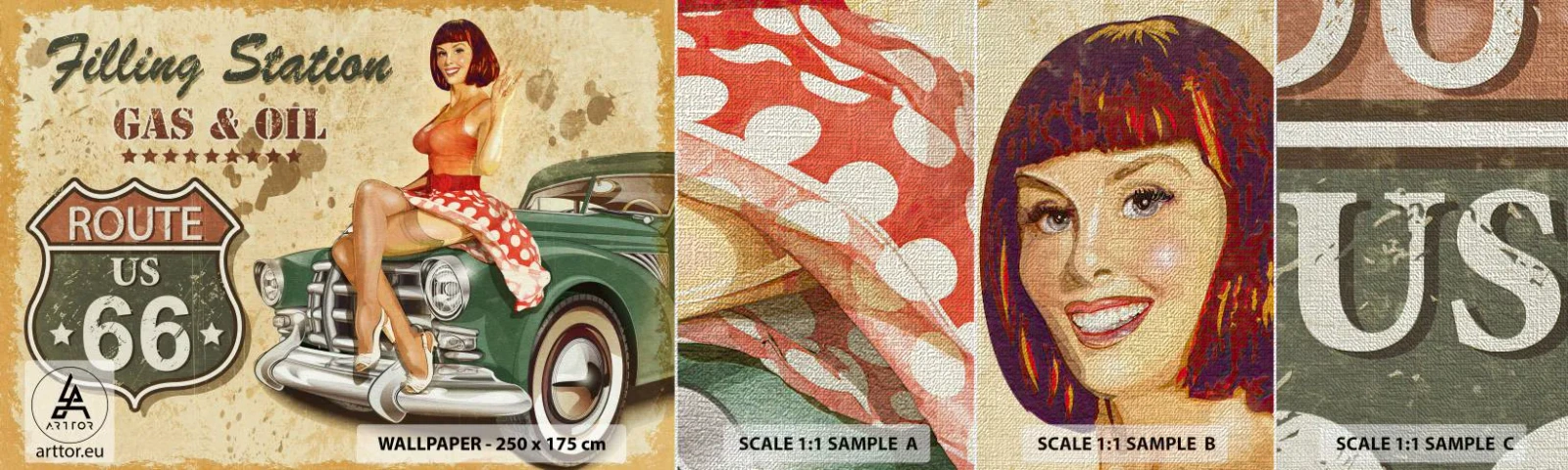 Fototapeta Próbka Premium Canvas - Wspaniałe lata 40. - Droga 66, Samochód, Motoryzacja - 100x30 cm